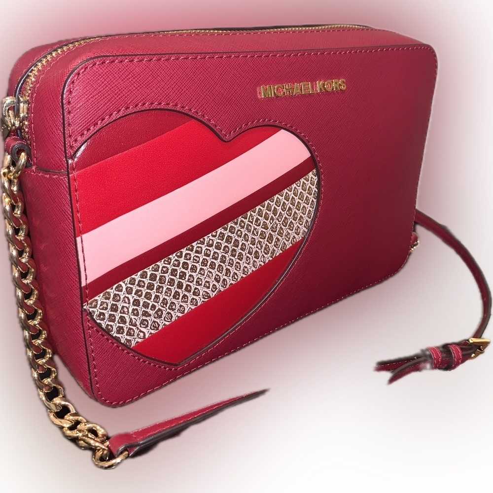 NWOT Michael Kors Hearts Jet Set Saffiano Leather Red Crossbody Bag Gold Chain - Picture 4 of 11